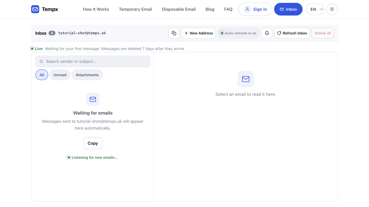 The Tempx inbox with a freshly generated address and an empty message list