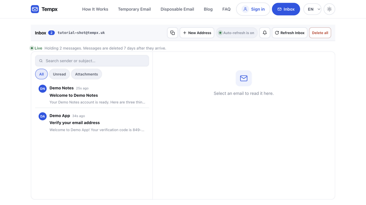 The inbox list showing a welcome email and a verification email that just arrived