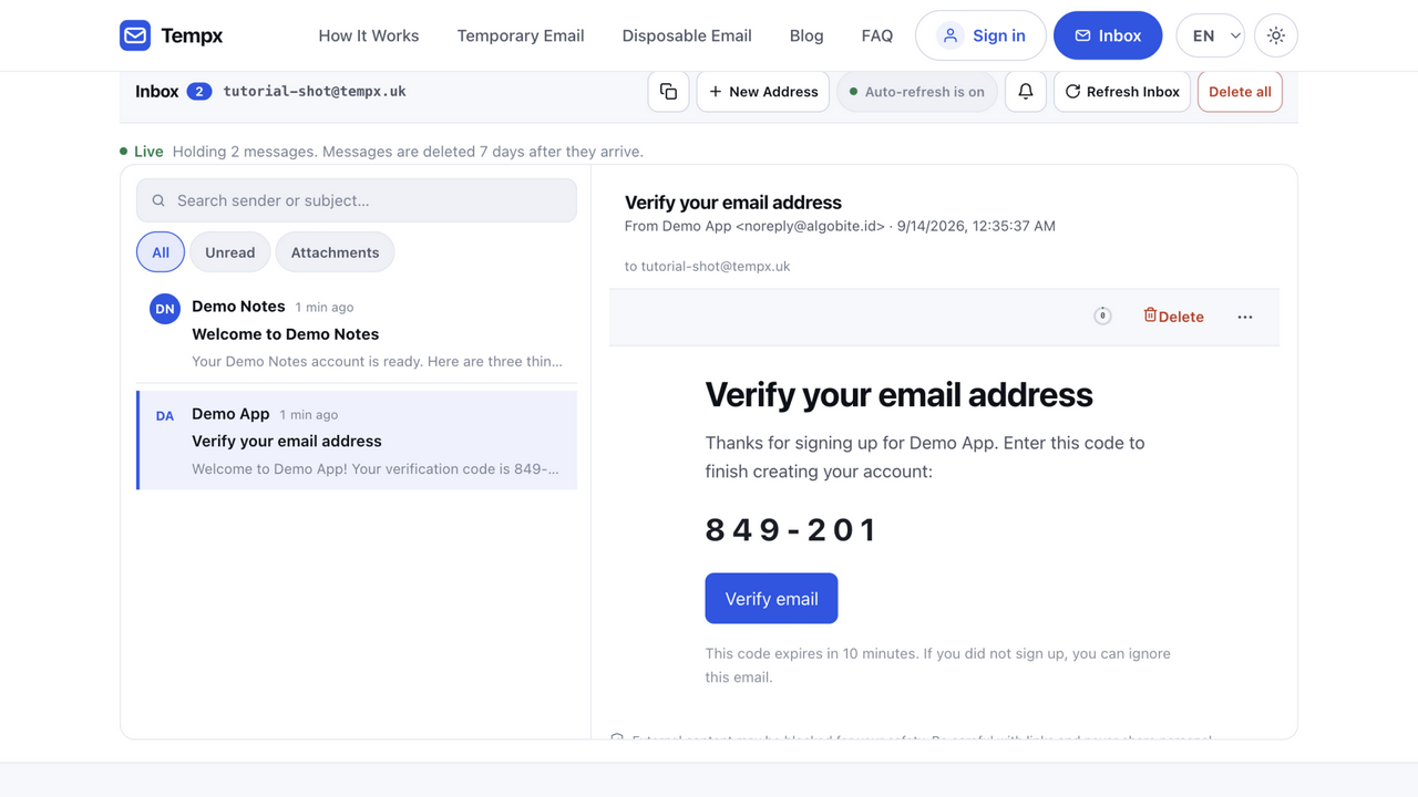 A verification email open in the reading pane, showing a one-time code and a verify button
